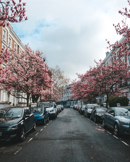 A row of brightly coloured Victorian terraced houses along a residential street in Kensington, London, painted in pastel shades of blue, yellow, purple, and white, with black wrought iron railings, small front gardens with stairs leading up to each door, and a traditional green street lamp positioned near the sidewalk. The street surface is asphalt, and the sky above is clear and blue. This scene depicts the typical historic housing in Kensington, suitable for home relocation or furniture transport services provided by Movers Kensington, with a focus on the exterior environment before or during a house moving process.